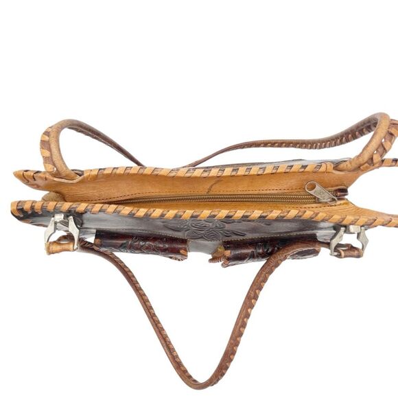 Vintage Tooled Leather Purse Brown Shoulder Bag Western Boho Saddlestitch - Picture 9 of 16